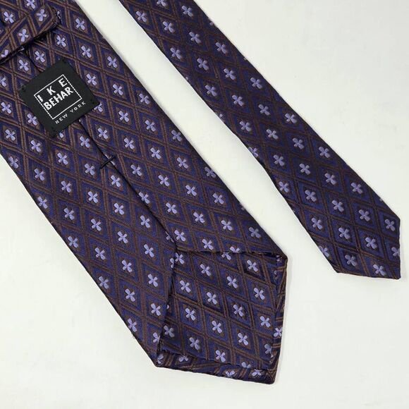 IKE BEHAR NEW YORK SILK TIE BLUE BROWN DIAMOND COLOR SHIFT SATIN 3.75" X 58" - Picture 2 of 3